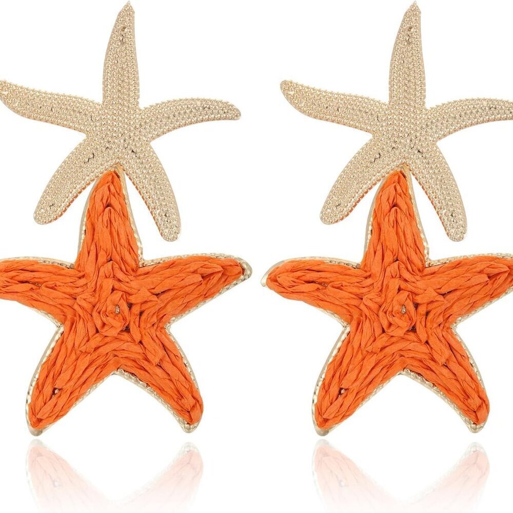 Bright Orange Handmade Raffia Starfish Drop Dangle Earrings for Summer Beach Vac